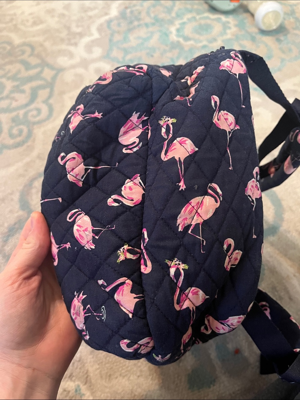 Vera Bradley Navy Quilted mini Backpack with Pink Flamingo Pattern - Picture 5 of 5